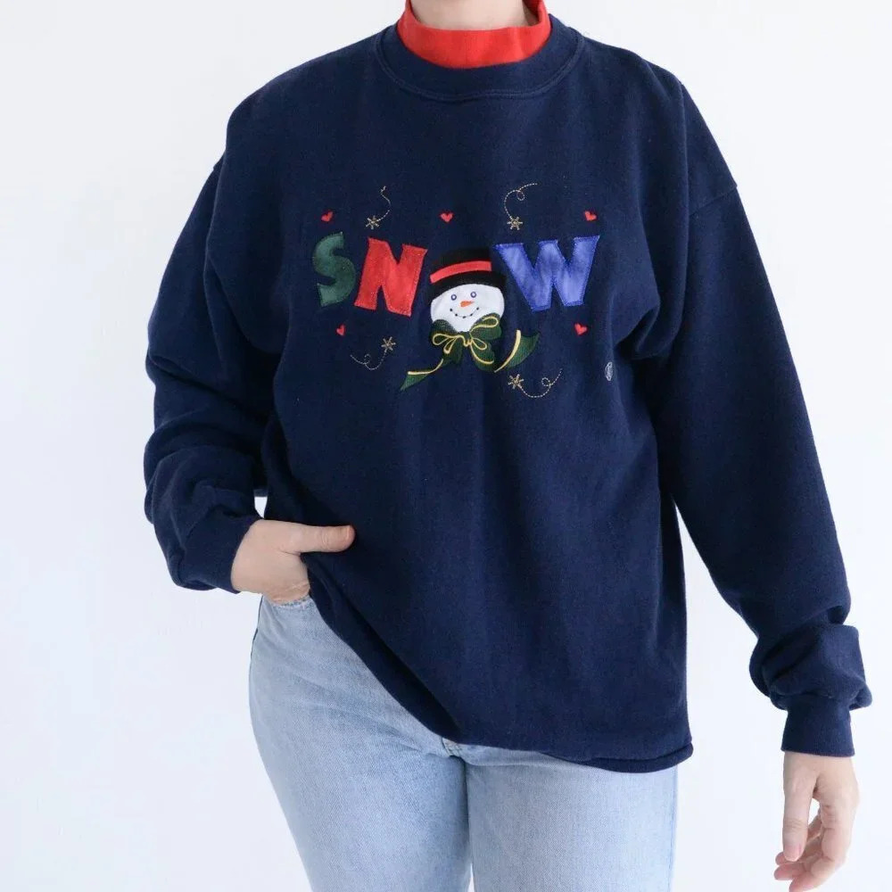 Vintage 90's Endless Designs Navy Snowman & Snow  Crewneck Sweater Grandmacore L